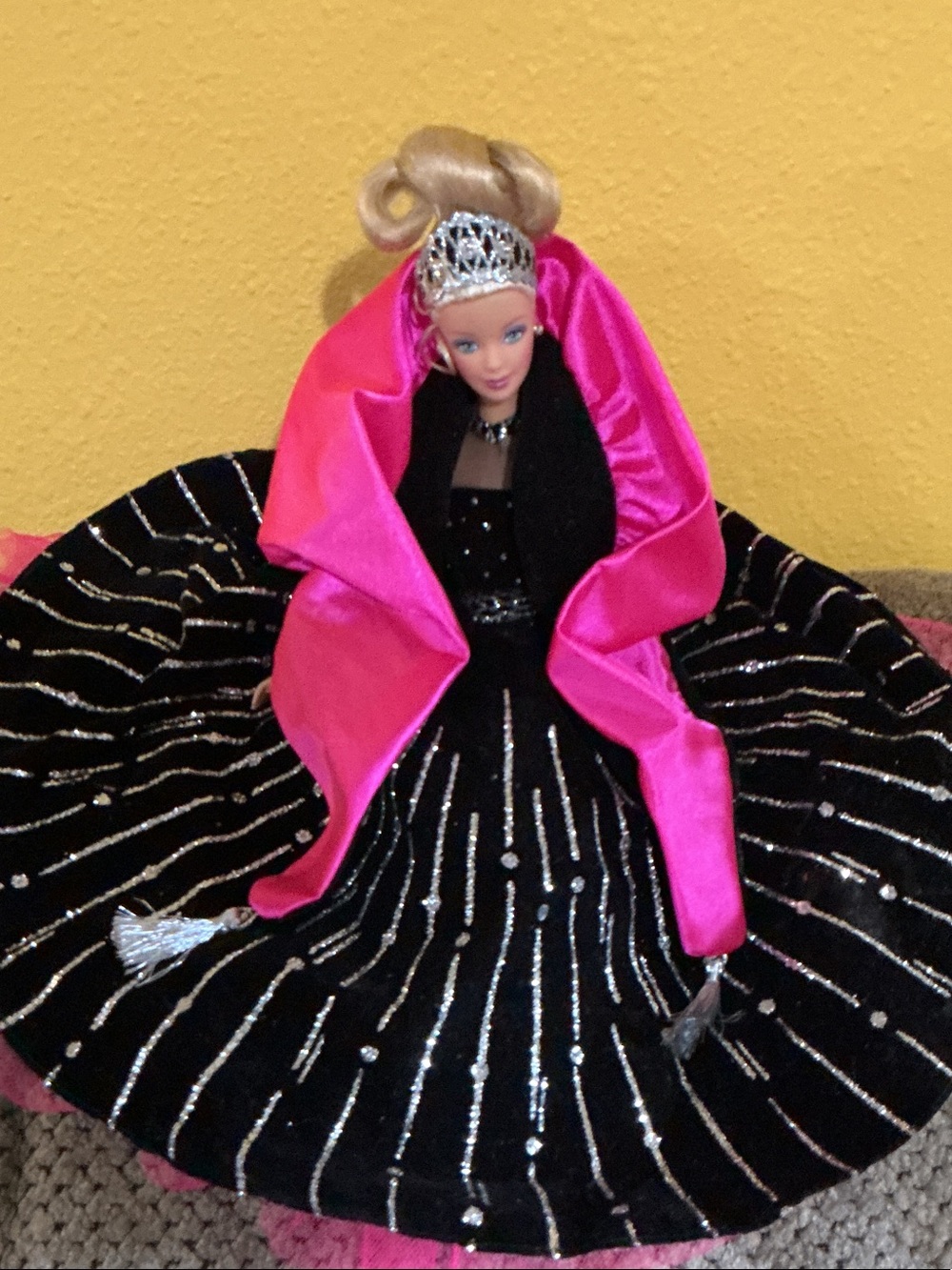 Barbie Black Gown with Bright Pink Cape and Silver Tiara great condition